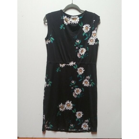 Womens Career Sheath dress Pixie Lady Black Floral Sz 8 drawstring waist STRETCH - Picture 4 of 8